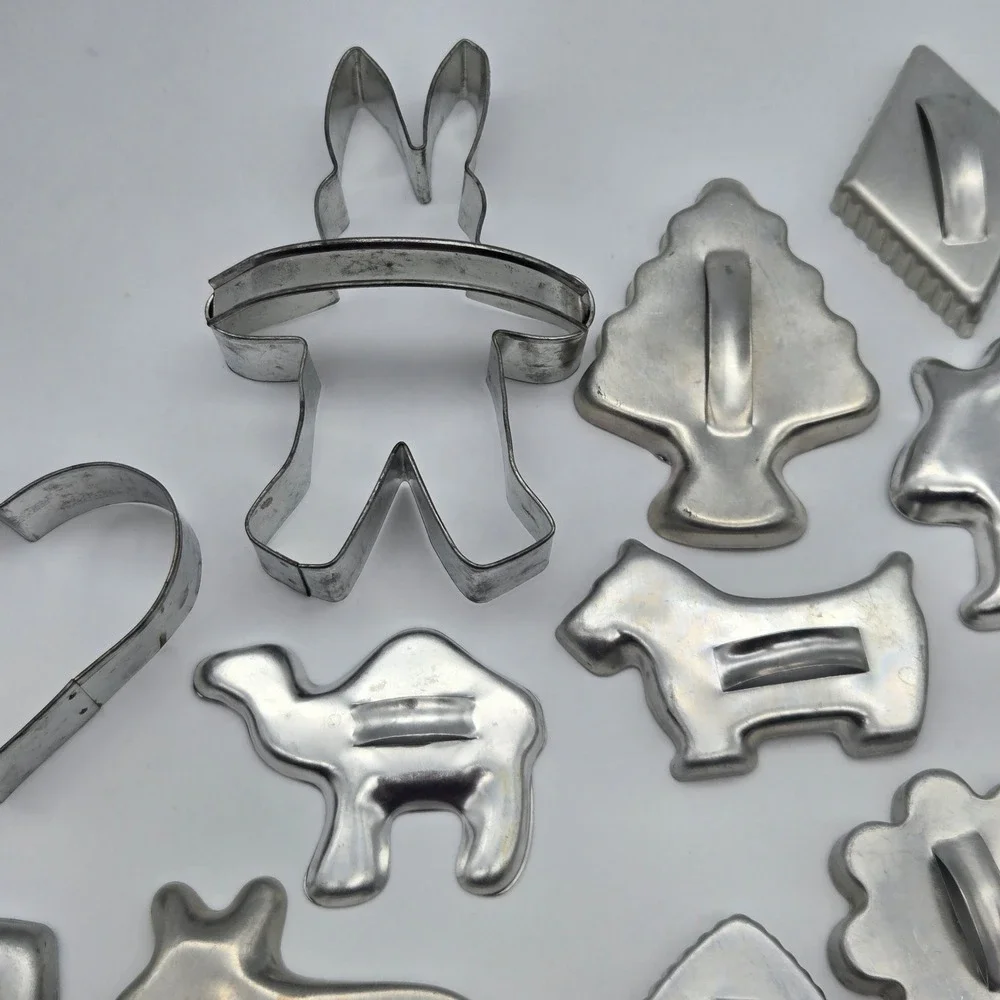 Vintage Aluminum Cookie Cutter Set 20pc Animals Holiday Shapes Silver Metal